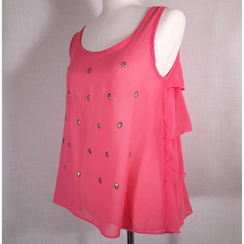 Rapsodia Layered Pink Mesh Tank with Gold Skull Medallions Ruffled Back X-Small
